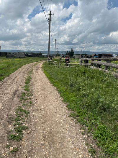 The image depicts a rural scene in Urazovo, Russia, on a cloudy day. A dirt road curves through a grassy landscape, bordered by a wooden fence and lush green vegetation. In the background, several small houses and a tall evergreen tree are visible, suggesting a village or hamlet. A utility pole with electrical wires stands prominently in the foreground on the left side of the image.

Two individuals are seen near the fence, one appearing to be in a red top and the other in a darker garment, interacting with what looks like a horse. The overall atmosphere is tranquil, characteristic of a quiet rural setting. The time of day is difficult to ascertain precisely due to the overcast conditions, but the lighting suggests it is daytime. The presence of wooden structures and the natural landscape hint at a traditional Russian village. No visible text is present in the image.