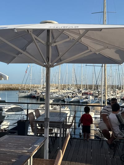 The image depicts an outdoor seating area at a restaurant or cafe, with a large white umbrella providing shade. In the background, a marina filled with numerous sailboats and yachts is visible under a clear blue sky. A stone breakwater separates the marina from the open sea.
In the foreground, there are several wooden tables and chairs, some made of woven material. Three people are seated at one of the tables: an adult male wearing a striped shirt and white shorts, and two younger individuals. One of the younger individuals, a child in a red hooded sweatshirt and dark shorts, stands facing the marina, looking out at the boats. The other younger person, wearing a white t-shirt and dark shorts, is seated.
The seating area is elevated, with a wooden deck floor and a metal railing separating it from the marina. Some potted plants are visible near the railing. The overall scene suggests a relaxed atmosphere in a waterfront location. The presence of the word "OEIRAS" is visible on the umbrella, indicating the location is in Oeiras, Portugal.