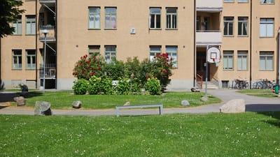 The image depicts a residential building in Linköping, Sweden. The building has a textured, light brown facade with several windows and balconies. In front of the building is a grassy area with scattered white wildflowers. Several large, irregular-shaped rocks are placed on the grass. A paved path winds through the scene. To the left of the path, near the building, are several large bushes with red roses and green foliage. A white bench is visible behind the bushes. To the right of the path, a basketball hoop is mounted on a pole. Further to the right, several bicycles are parked near the building. The sky is not visible in the frame. The overall impression is one of a well-maintained residential area on a sunny day.