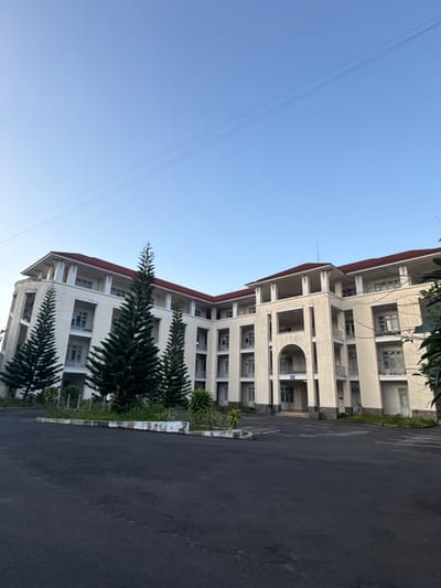 A low-angle, full shot captures a sprawling, multi-story white building with a reddish-brown roof, set against a clear blue sky. Several tall, dark green pine trees stand in front of the building, with the foreground occupied by a dark asphalt surface that appears to be a parking lot or road. The building features a repeating pattern of balconies, windows, and arched entrances. The architecture suggests a colonial or classic style. The environment appears to be serene, with no people or vehicles visible in the frame. This building is located in Lam Vien - Da Lat, Vietnam, a city known for its French colonial architecture and pine forests.
