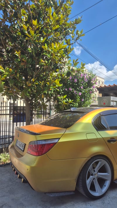 A gold-colored BMW sedan is parked on a paved surface. The car's rear quarter panel, trunk, and bumper are visible. A matte black aftermarket diffuser is attached to the rear bumper. The car has a license plate that reads "PA 7668 MB". To the left of the car is a black metal fence. Behind the fence, a large tree with green leaves stands. To the right of the tree and behind the car is a shrub with purple flowers. In the background, there are buildings with tiled roofs and utility lines crisscross the bright blue sky. The scene appears to be in an urban or suburban setting in Ravda, Bulgaria.