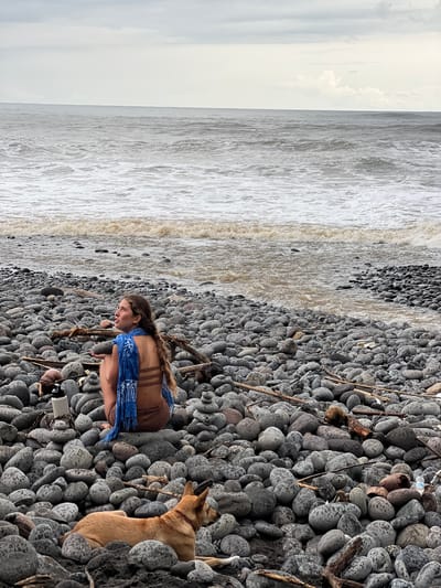 A young woman with long, braided brown hair is seated on a rocky beach in El Tunco, El Salvador, looking out at the ocean. She is wearing a brown bikini and a blue sarong draped over her shoulders and back. Her skin is tanned, and her facial expression suggests contemplation. Beside her, a tan dog with a red collar is lying down amongst the rocks, looking to the right. The beach is covered in smooth, gray, rounded stones of varying sizes. Scattered among the rocks are pieces of driftwood and some coconuts. In the background, the ocean is a murky brown, with white-capped waves crashing onto the shore. The sky is overcast and pale gray, with some lighter patches indicating clouds. A white water bottle is visible to the woman's left. The overall scene depicts a calm, natural setting by the sea.
