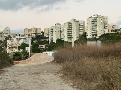 This is a photograph of a residential area in Haifa, Israel. The image is oriented vertically, with the sky at the bottom and the ground at the top.
In the foreground, there is a patch of dry, brown vegetation, likely representing sparse coastal flora. To the right of the vegetation, a light-colored, textured surface, possibly a path or a decorative element, is visible. Beyond this, a cityscape unfolds, dominated by tall, light-colored apartment buildings. These buildings have multiple stories, balconies, and numerous windows, indicating a densely populated urban environment. Green trees and foliage are interspersed between the buildings, suggesting a somewhat developed but still green area.
The sky is overcast, with layers of gray clouds, indicating a possibly hazy or dull weather condition. The time of day appears to be daytime, but the lack of direct sunlight and the muted colors suggest it might be early morning, late afternoon, or an overcast day. There is no visible text in the image. The scene depicts a typical residential urban landscape in a coastal city, likely a neighborhood with apartment complexes. There are no people or specific activities depicted; the focus is on the architecture and the natural and built environment.