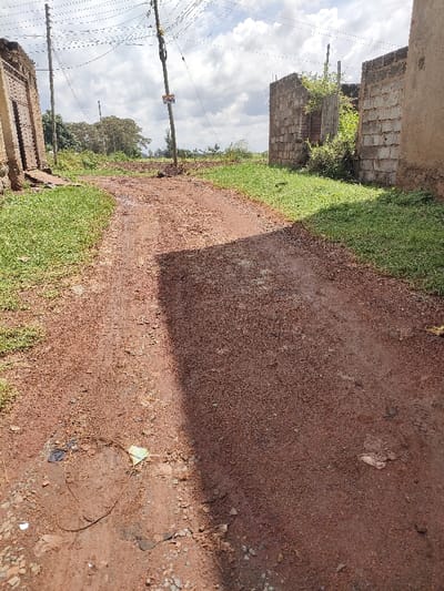The scene depicts an unpaved, reddish-brown dirt path in Juja ward, Kenya, observed under an overcast sky. The path, exhibiting tire tracks, is bordered by areas of green grass. To the left, a deteriorated light-colored building wall with an open dark metal double-leaf gate is partially visible. A leaning wooden utility pole stands to the left of the path, supporting multiple black overhead power lines and a faded attached object. To the right, a grey concrete block wall is partially obscured by green vegetation, with a section of another light-colored wall visible beyond it. In the background, dense green foliage and trees are present. The path contains minor debris, specifically a light green wrapper, a dark plastic item, and a curved organic or synthetic filament. A diagonal shadow extends across the path from the right foreground. No individuals are present, and no actions or interactions are depicted.