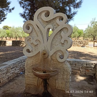 The image shows a stone fountain with a decorative, abstract top. Water is flowing from a brass spigot into a basin below. There are inscriptions on the base of the fountain, including "MAESTRI MURATORI" (Master Stonemasons), "ANGELO E CRISTIAN", "GIANNINI", "A.D.", and "2020". The fountain is situated outdoors, surrounded by a low stone wall. In the background, there are olive trees and a clear blue sky. The overall impression is of a public fountain in a rural or park-like setting. The timestamp "16.07.2026 14:40" suggests the image was taken on July 16, 2026, at 2:40 PM.