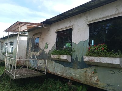 An aged, off-white building features dark-framed windows with flower boxes beneath. The structure shows signs of wear, with weathered paint and a landscape mural partially faded on its exterior. A wooden platform with a white railing extends outward, and a simple metal canopy covers a section of the building. Lush greenery surrounds the base, adding a touch of nature to the weathered scene.