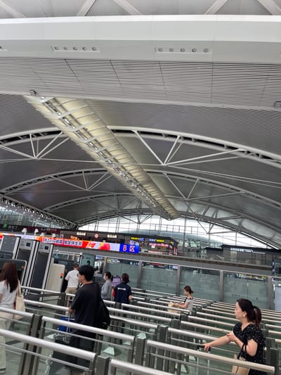 The image shows the interior of a modern transportation hub, likely a train station or airport, with a high, vaulted ceiling constructed of metal beams and translucent panels. Several people are visible, queuing at turnstiles that lead to different zones, indicated by signs such as "B区" (Zone B) and "D4". The turnstiles appear to be automated entry gates.
In the foreground, a woman in a black polka-dot dress is leaning over the railing, reaching for something. Behind her, other individuals are also in line. The architectural style suggests a contemporary and spacious public building. Prominent signage in Chinese characters can be seen, including names of food establishments like "德克士" (Dicos), "遇见小面" (Yujian Xiaomian), and "蒸测记”浏阳蒸菜" (Zhengceji Liuyang Steamed Dishes). One sign also advertises "用2010邮箱做全球生意" (Do global business with a 2010 email address). The overall impression is of a busy travel environment. The lighting suggests it is daytime. The presence of "Panyu District, China" in the location context indicates this is likely within that area.