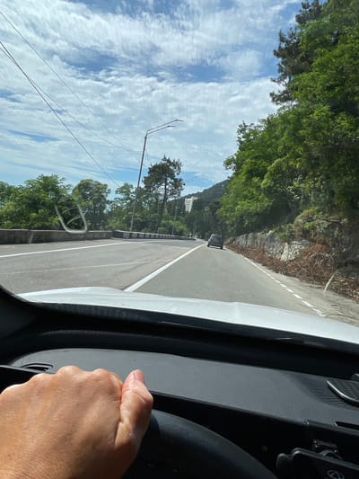 A first-person perspective shot captures a hand gripping a steering wheel as the vehicle travels along a paved road with white lane markings. The road curves to the right, bordered by a concrete barrier on the left and a vegetated embankment on the right, with scattered debris. In the distance, a dark-colored car is visible ahead on the road. The sky is partly cloudy, with a bright blue expanse dotted with white cumulus clouds. Lush green trees line the roadside and climb the hillsides. Utility poles and wires are present along the route. A hint of a building is visible on a distant hillside. The scene suggests a journey through a scenic, possibly mountainous, area.