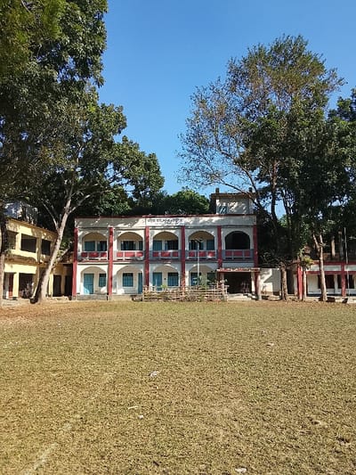 This image depicts the exterior of Shibpur Shahid Smriti High School in Shibpur, Bangladesh, under a clear, bright blue sky. The central subject is a two-story building with a light-colored facade accented by red trim around arched windows and doorways. A Bengali sign identifying the school is visible above the first floor. The ground floor features multiple light blue doors and windows, partially shielded by a low bamboo fence. A flagpole stands directly in front of this central structure. To the left, a partial view of an older, two-story, yellowish building is visible. To the right, a section of a lower building with red and white pillars extends from the main structure. The foreground consists of an extensive, dry, brownish-green grassy field with scattered small debris. Numerous large trees with green foliage frame the buildings and constitute the background. No individuals, actions, or interactions are visible.