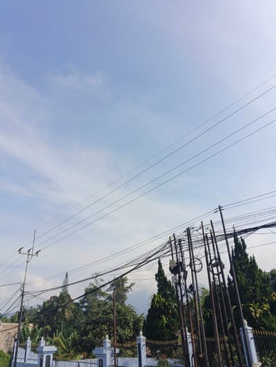A clear blue sky with wispy clouds occupies the upper portion of the image. Power lines crisscross the sky, leading to a cluster of utility poles and wires. Below, green trees and foliage fill the mid-ground, interspersed with a glimpse of a white and blue fence. The overall impression is one of a typical urban or suburban landscape under a bright sky.