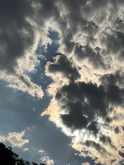 This is a photograph of a cloudy sky taken from Chirchik, Uzbekistan. The image captures a dynamic sky with a mix of dark, heavy clouds and lighter, illuminated clouds. The sun is partially obscured by the clouds, creating areas of bright light and shadow. The clouds are turbulent and appear to be moving, with visible textures and formations. In the lower left corner, the dark silhouettes of trees are visible against the sky. The overall mood is dramatic and atmospheric.
