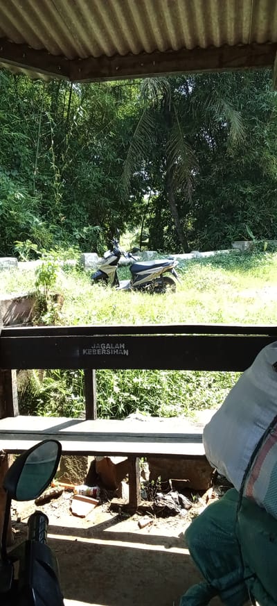 The image depicts an outdoor scene under a corrugated metal roof, likely part of a shelter. In the foreground, a motorcycle mirror and handlebars are visible, suggesting the viewer's perspective is from a motorcycle. The main focus of the image is a scooter parked on a grassy area, surrounded by lush green vegetation, including bamboo and palm trees. In the middle ground, a wooden bench with the inscription "JAGALAH KEBERSIHAN" (which translates to "Keep Clean" in Indonesian) is present. Behind the bench, there is a white sack and the shoulder and head of a person wearing a green garment. The environment appears to be rural or semi-rural, consistent with a location like Ciapus, Indonesia, known for its natural surroundings. The lighting suggests it is daytime, with shadows cast by the shelter.