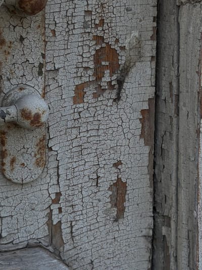 The image shows a close-up of a weathered, old wooden door with peeling white paint. The paint is cracked into a fine network of lines, revealing the wood grain and some darker patches underneath. There is also evidence of rust, particularly on a round metal knob visible on the left side of the frame. The door appears to be part of an exterior entryway. The texture of the wood and paint is rough and uneven. The image is taken in Taganrog, Russia.