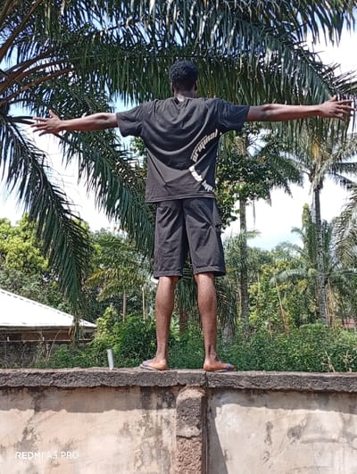 A male individual is depicted from the rear, standing atop a weathered concrete wall in Osina, Nigeria, with his arms outstretched horizontally. He possesses dark skin and dark, short, curly hair. He is attired in a black short-sleeved t-shirt featuring a white "original" graphic on the back, and black shorts. His bare feet are placed on the wall, with blue and white flip-flops resting immediately in front of them. The concrete wall, approximately one meter in height, exhibits discoloration and has a visible structural column on its right side. Beyond the wall and the individual, dense green foliage, primarily large palm trees, rises against a clear blue sky. A white-roofed building is partially visible on the left side of the background. The scene is illuminated by direct sunlight.