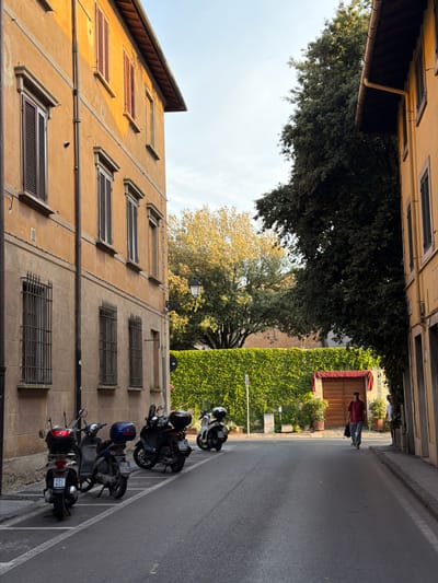 In Pisa, Italy, along a narrow street lined with old ochre-colored buildings, several scooters are parked along the curb. The building on the left features multiple windows with dark shutters and decorative iron grilles on the lower floor. On the right, a tall, dense tree casts a shadow over the street. Further down the street, a lush green hedge forms a backdrop to a wooden door covered by a red drape. Two figures are visible walking away from the camera on the right side of the street, with one person in a red shirt and jeans carrying a bag, and another person in a white shirt. The sky is clear with a few wispy clouds, and the late afternoon sun illuminates the buildings and trees with a warm glow.