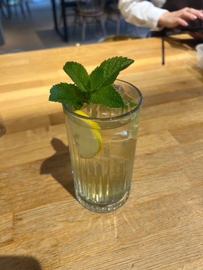 A glass of iced tea with lemon and mint rests on a wooden table. In the background, a person's hands are visible typing on a laptop. The scene appears to be indoors, possibly in a cafe or restaurant, given the wooden furniture and seating arrangement in the blurred background. The lighting suggests it is daytime. The specific location in Vysoké Tatry, Slovakia, cannot be determined from the visual information alone.