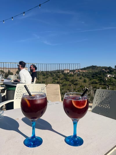 This image depicts an outdoor terrace scene in the city of Toledo, Spain, on a bright, sunny day. In the immediate foreground, two identical stemmed glasses with translucent blue bases and stems stand on a light-colored outdoor table. Each glass contains a dark red beverage, ice cubes, a slice of orange, and a black straw. Strong shadows are cast to the left of the glasses, indicating direct sunlight. To the left of the left glass, a clear glass ashtray is visible.
In the midground, two men are seated at a table, facing away from the camera, observing the panoramic view. The man on the left wears a white long-sleeved shirt and sunglasses. The man on the right, partially obscured, wears a dark shirt and sunglasses, with his dark hair tied back. Both men are seated in white outdoor chairs featuring a geometric cutout pattern. A black metal railing runs horizontally, marking the edge of the terrace. A green refuse bin is partially visible beneath the table where the men are seated. Above, a string of outdoor lights with small, exposed bulbs is strung across the top left quadrant of the frame.
The background reveals a wide, undulating landscape characterized by verdant hills and valleys, consistent with the terrain surrounding the Tagus River in Toledo. Scattered across this natural environment are numerous light-colored buildings and structures. A large, prominent building with multiple windows is visible on the far left horizon. The sky is a clear, brilliant blue with a few faint, wispy cloud formations.