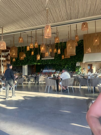 The image depicts the outdoor seating area of a restaurant. A person in a black uniform stands to the left, facing away from the camera and appearing to interact with someone off-frame. Further into the restaurant, a man in a white shirt sits at a table, looking down. The space is characterized by an abundance of natural materials, with a bamboo-slatted ceiling and numerous woven pendant lamps hanging overhead. Tables and chairs are arranged throughout the area, with a lush green wall serving as a backdrop. The floor is a smooth, gray concrete surface, with sunlight casting distinct shadows. The overall ambiance suggests a tropical or beachside dining experience, likely located in Ayia Napa, Cyprus, known for its vibrant tourism and dining establishments that often incorporate natural and open-air elements.
