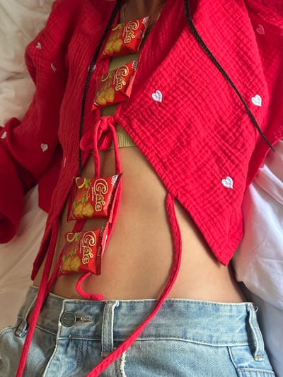 The image presents a close-up view of an individual's torso, from the chest to the upper thighs, in an indoor setting within Mù Cang Chải, Vietnam. The person is wearing a red, textured, long-sleeved top with small white embroidered heart patterns, featuring tie closures at the front. A light green ribbed tank top is visible beneath the red garment. Five small, red rectangular snack packages, each labeled "Gác Bánh" and "NST" with depictions of cookies and fruit, are strung together with red cords and draped vertically over the red top. A dark, braided string also runs down the center of the red top. The individual wears light blue denim jeans, partially unfastened, revealing a metal button embossed with "Jack & Jones." The background consists of white bedding material.