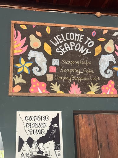 A sign welcomes people to Seapony, with a chalkboard-style drawing featuring seahorse images, mushrooms, pineapples, and abstract floral designs in muted colors. The sign also lists "Seapony Cafe," "Seapony_Cafe," and "Seapony Bungalow Cafe" along with social media icons. Next to it is a white square print with black line art depicting a dinosaur, a UFO, a volcano, and the text "COFFEE BREAK TIME". A rustic wooden beam is above this, and the signs are mounted on a dark green wall.