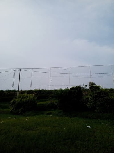 The image presents a view of a grassy slope in Kudawa, Sri Lanka. A long, white wire mesh fence, supported by metal poles, runs horizontally across the midground of the image. Behind the fence, a line of dense, green bushes and small trees is visible. The sky above is overcast and gray. In the foreground, the grass is dark green and appears somewhat overgrown. A piece of white litter lies on the grass in the lower right area of the frame. No people are visible in the scene.