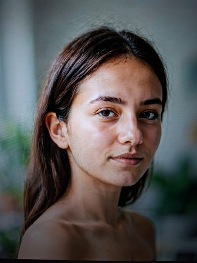 This is a close-up portrait of a young woman with brown hair. She is looking directly at the camera with a neutral expression. Her skin is fair with some freckles. The background is blurred and appears to be an indoor setting with soft lighting. There is no indication of the city of Tenevo, Bulgaria in this image.