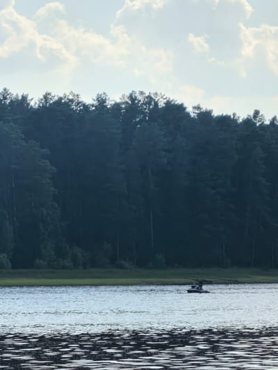 The image depicts a serene natural landscape near Sysert, Russia, characterized by a body of water in the foreground and a dense forest in the background. The water surface reflects the sky and surrounding environment, with ripples indicating gentle movement. In the middle distance, a small boat with two individuals is visible on the water, suggesting recreational activity. The forest, composed of tall, dark trees, creates a sense of depth and encloses the scene. The sky is partially obscured by scattered clouds, hinting at overcast conditions. The overall impression is one of tranquility and natural beauty.