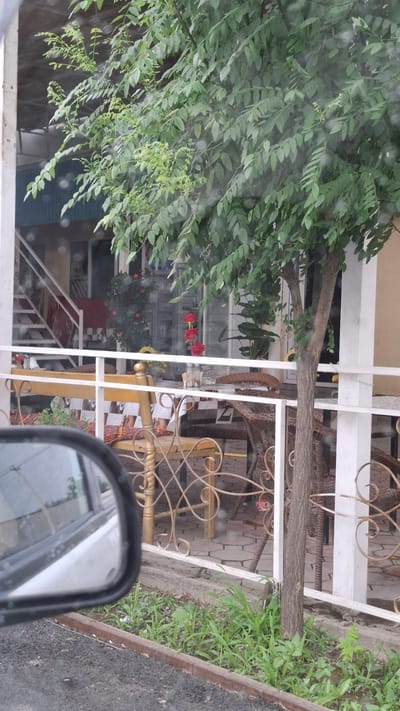 In Шұбарсу, Kazakhstan, a street-level view captures a covered outdoor seating area of a building. A tree with green foliage partially obscures the scene, its trunk visible on the right. In the background, a staircase with white railings leads to an upper level. The seating area features a white railing with decorative gold metalwork. A table is set with what appear to be red roses in a vase and other decorative items. Wicker chairs are arranged around the table. The ground is paved with interlocking bricks. A car's side mirror is visible in the lower left corner, reflecting the street. The overall environment appears to be a cafe or restaurant with outdoor seating.