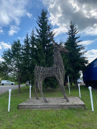 In Zav'yalovo, Russia, an outdoor scene depicts a large, rustic sculpture of a deer constructed from numerous branches and twigs, standing on a wooden platform. The sculpture is in the foreground, with its form primarily composed of vertical and horizontal wooden elements. Four white, cylindrical posts with spherical tops are positioned around the platform, with two visible on the left and two on the right.

Behind the deer sculpture, a dense line of tall evergreen trees creates a natural backdrop. To the left of the trees, a white van is parked on a paved surface, and further in the background, another white car is visible. On the right side of the image, a large blue truck with "EURO LEASING" text is partially visible.

The environment is characterized by green grass covering the ground around the platform and trees. The sky above is a mixture of blue and clouds, with some clouds appearing white and fluffy, while others are darker and more textured, suggesting a partly cloudy day. The overall impression is an outdoor display or park area, with a clear emphasis on the twig deer sculpture.