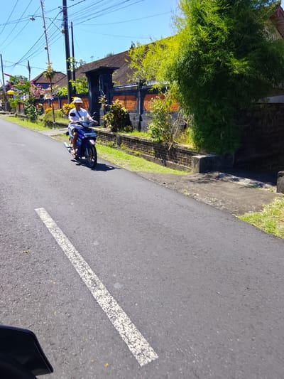 A man rides a blue motorcycle down a paved road under a clear blue sky. He is wearing a white t-shirt and a white cap. The motorcycle has a license plate with Indonesian text and numbers. The road has a white stripe down the center. On the right side of the road, there is a dense green tree and a stone wall. On the left side of the road, there are houses with tiled roofs, a black gate, and lush vegetation with colorful flowers. There are also utility poles and wires overhead. The scene appears to be set in a rural or suburban area of Tabanan, Indonesia, during the daytime. The sun is bright, casting shadows on the road and the vegetation. The overall atmosphere is tranquil and sunny.