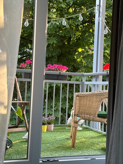 The image depicts a balcony area, likely in Hamburg, Germany, featuring a section of artificial turf flooring. On the balcony, there is a wicker chair with a green cushion. Two white ducks are visible on the artificial turf. Behind the chair, a railing separates the balcony from a backdrop of lush green trees. String lights with exposed bulbs are draped across the upper portion of the scene. In the foreground, a portion of a sheer white curtain is visible on the left, and a grey curtain is on the right, framing the view of the balcony through a glass door or window. A wooden folding table with a plant is also present on the left side of the balcony. Pink flowers in pots are arranged on the balcony.