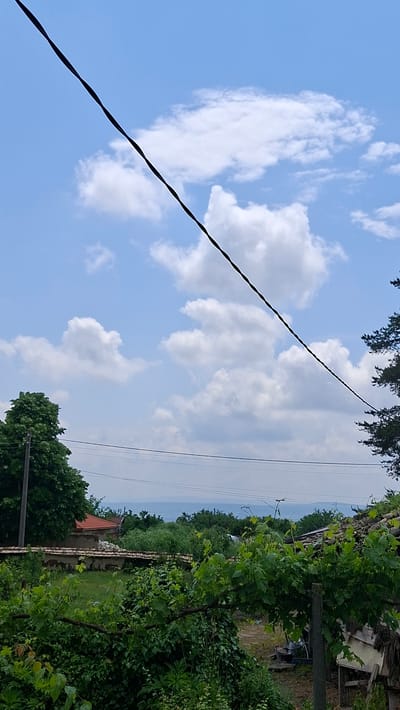 The image presents a vibrant rural landscape under a bright blue sky filled with scattered white cumulus clouds. The scene is dominated by lush green vegetation, including various trees and dense bushes, suggesting a thriving natural environment.

A prominent, thick black power line or utility cable stretches diagonally across the sky from the upper left to the lower right of the frame, showing a distinctive twisted pattern. In the background, fainter, thinner power lines run horizontally.

Towards the mid-ground, nestled amongst the greenery, a building with a distinctive red-tiled roof is partially visible. Further to the right, there are wooden posts and what appears to be stacked logs or debris, indicating some form of rustic storage or agricultural activity. The distant horizon reveals gently rolling hills or mountains covered in green, fading into a slightly hazy sky, suggesting a broad landscape view.

No human activity or specific events are depicted, making it a serene, static landscape shot. The clear blue sky and bright illumination suggest it is daytime, likely morning or afternoon, with fair weather. The abundance of greenery, rustic elements, and distant hills are consistent with a rural setting, such as Markovo, Bulgaria. There is no visible text in the image.