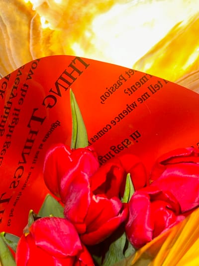 A close-up, high-angle image depicts a bouquet of red tulips partially encased in red wrapping material. Approximately five red tulip blossoms are visible, tightly clustered in the lower half of the frame, exhibiting vibrant red petals and visible green stems and leaves. The red wrapping material features repeating black text, partially mirrored or reversed, with visible fragments including "THINGS," "passion," "tell me," and "experience comes." The upper portion of the image, beyond the red wrapping, reveals a brightly illuminated, out-of-focus background in shades of yellow and orange, suggesting a textured, reflective surface or strong light source. No discernible visual information within the image provides evidence of its specific location in Базарово, Russia.