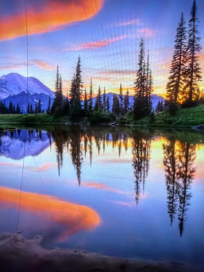 The image is an abstract, digitally manipulated photograph of a mountainous landscape at sunset. The image is oriented vertically, with the top half appearing as an upside-down reflection of the bottom half. The "sky" in the bottom portion of the image displays a gradient of soft blues and oranges, with hints of pink, suggesting a sunset. Large, fuzzy orange clouds dominate the left side of this section. In the upper portion of the image, the sky transitions to a lighter blue.
The dominant "subjects" are silhouetted evergreen trees, depicted as sharp, spiky forms extending horizontally across the frame. These trees appear in both the actual landscape and its reflection. Below the trees, in the reflected portion, is a purple-hued mountain peak, its slopes rendered with a textured, almost pixelated appearance. A dark green, blurred mass that could be foliage or a forest occupies the central vertical line, appearing in both the real and reflected parts of the scene. The overall effect is a symmetrical, somewhat surreal depiction of nature.
The time of day is clearly sunset or twilight due to the colors in the sky. There are no visible people or any specific objects beyond the natural elements. The location cues are not specific enough to pinpoint to Szczecin, Poland, beyond the general context provided. The overall mood is tranquil and awe-inspiring, evoking a sense of natural beauty. There is no visible text in the image.