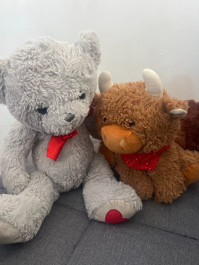 The image depicts two stuffed animals, a brown moose with a red polka-dotted bandana, and a gray teddy bear with a red ribbon, resting on a gray fabric surface. The scene is devoid of human presence and provides no discernible clues regarding its location within Gorleston-on-Sea, United Kingdom. The environment is limited to the textures and colors of the stuffed animals and the gray surface they are on. There are no actions or interactions visible, only the still life composition of the objects.