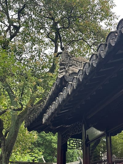 This image captures a close-up view of the ornate, tiled roof of a traditional Chinese pavilion, likely located within the Yu Garden in Shanghai, China. The roof features intricate dark grey tiles with decorative patterns and is topped by a detailed dragon or mythical beast sculpture. In the foreground, the edge of the pavilion's dark wooden structure is visible, including decorative latticework. Lush green trees with abundant foliage and small white blossoms dominate the background, suggesting a natural, serene environment. The sky is overcast, casting a soft, diffused light on the scene. No people are visible in the image.
