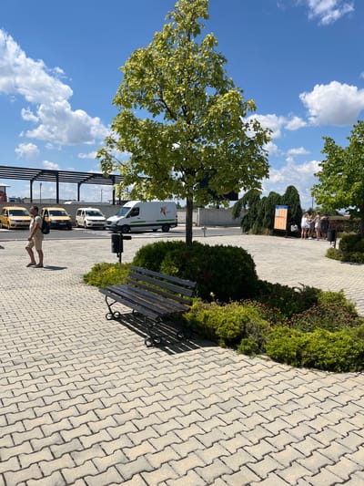 A man walks across a paved area with interlocking concrete bricks. He is wearing a light-colored t-shirt, light-colored shorts, and sandals, and carrying a backpack. In the background, several yellow taxis are parked. A white van with a logo is also present, as is a covered walkway structure. In the middle ground, a wooden bench sits in front of manicured bushes. Further in the background, a group of people are standing near a large sign. The scene is set outdoors under a bright blue sky with scattered white clouds.