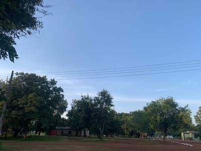The scene depicts an open, unpaved area in Kubi A, Nigeria, under a clear blue sky with minimal cloud cover. The ground is composed of reddish-brown earth. The landscape is heavily vegetated with numerous large trees featuring dense green foliage, primarily occupying the midground and background. Multiple single-story structures are partially visible among the trees: a light-colored building with a distinct red section is situated on the left, and a light-green building is present on the far right. A dark utility pole stands on the left side of the frame, supporting three parallel overhead utility lines that extend horizontally across the sky. No individuals, vehicles, or specific activities are visible within the frame.
