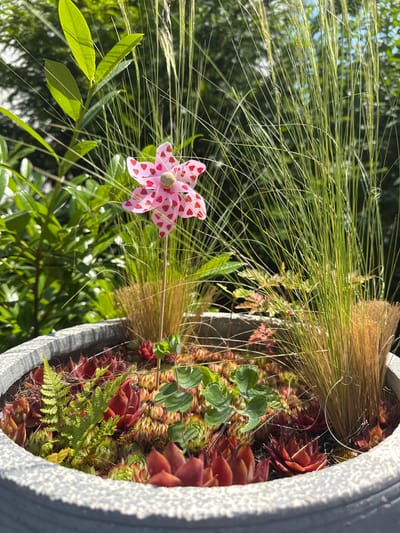 A pink pinwheel with red hearts on a stick is planted in a concrete planter filled with succulents, mosses, ferns, and ornamental grasses. The planter is outdoors, surrounded by lush green foliage and tall, thin grasses. The background shows blurred green trees and a bright blue sky. This image was taken in Bietigheim-Bissingen, Germany.
