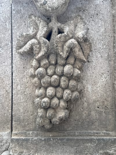 The image is a close-up, eye-level shot of a stone carving depicting a bunch of grapes with leaves, set against a rough, textured stone wall. The carving is detailed, with individual grape shapes and the veins of the leaves visible. The stone appears aged and weathered, with some discoloration and wear. The background wall has a coarse, speckled texture. The lighting is even, highlighting the relief of the carving. This architectural detail is located on the facade of the Museo de la Toma de Zacatecas in Zacatecas City, Mexico.