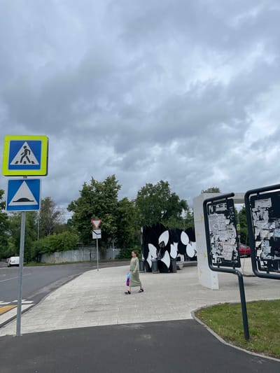 An overcast day scene captures a pedestrian crossing with traffic signs on a sidewalk in Vnukovo, Russia. A pedestrian, a woman wearing a long green dress, walks across the paved sidewalk, carrying a light blue bag. Two traffic signs are visible: a blue square sign with a white pedestrian icon and a yellow border, and a blue triangle sign with a white graphic of a speed bump and a black border. Behind the sidewalk, trees and foliage create a natural backdrop, with a metal fence and some buildings in the distance. On the right side of the image, a modern-looking structure with black and white patterns is visible, along with a kiosk displaying various notices. The ground is a mixture of asphalt road and a tiled pedestrian path. The overall atmosphere is muted, likely due to the cloudy sky.