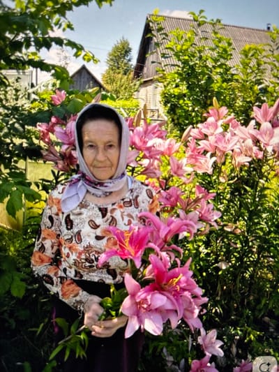 A photograph shows an elderly woman with a headscarf and a floral-patterned shirt. She is surrounded by pink lilies and lush green foliage. The scene appears to be outdoors in a garden setting, with hints of a wooden building and trees in the background. The lighting suggests it is daytime, possibly late afternoon, given the warm tones. The woman's expression is gentle, and she holds a few stems of greenery. The overall mood is peaceful and serene, evoking a sense of warmth and connection with nature. The location is identified as Pastavy, Belarus. There is no visible text in the image.