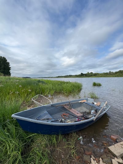 An overcast day unfolds over a body of water, possibly a river, located in the vicinity of Sitno, Russia. A blue metal rowboat, laden with fishing gear including multiple fishing rods and a fishing net, rests near the grassy bank. The water is calm, with small ripples visible. The shoreline is covered in lush green grass and some small wildflowers. Further in the distance, the opposite bank of the water body is lined with trees. The sky is filled with scattered clouds, suggesting a mild, possibly humid, climate. The scene depicts a quiet, natural setting, likely used for recreational fishing.