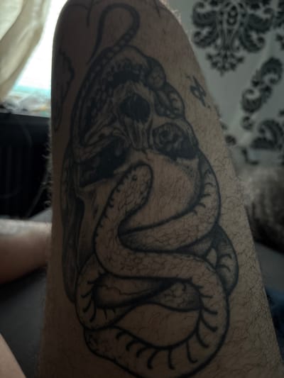 A tattoo of a snake coiled around a skull is depicted on a person's leg. The tattoo is in black ink and features detailed shading and linework. The background of the image is blurred, but appears to be an indoor setting with soft lighting. The location in Frankfurt, Germany, is not specified in the image or its context.