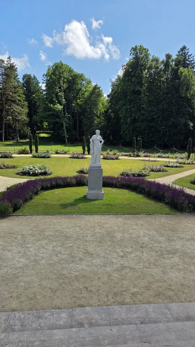 The image depicts a sunlit day in a meticulously maintained park, likely in Palanga, Lithuania, given the context of the original prompt. In the foreground, a wide, light-colored gravel path leads up to a stone staircase, suggesting a viewing platform or elevated area. Dominating the mid-ground is a classical white marble statue of a female figure standing on a grey stone pedestal. The statue is positioned centrally within a circular arrangement of vibrant purple flowers, bordered by a well-manicured green lawn. Beyond this, a series of curved pathways wind through the park, lined with more flowerbeds of various colors, including pink roses and white hydrangeas. Tall, dark green cypress trees are strategically placed throughout the landscape, adding verticality and structure. In the background, a dense, verdant forest forms a natural backdrop, with mature deciduous and coniferous trees. A dark metal fence runs along the edge of the park, separating it from the forest. The sky is a bright blue with scattered white clouds, indicating fair weather. The overall scene conveys a sense of tranquility and order within a beautiful natural setting.