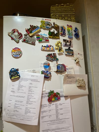 The image shows the front of a white refrigerator covered with various magnets and pieces of paper. The magnets depict tourist attractions from different cities, including Barcelona, Milan, Rome (Colosseum and Vatican), Bruges, Fuerteventura, Sitges, and Ibiza. There are also magnets with lizards and owls.
Several papers are attached to the refrigerator door. One is a medical information sheet titled "INFORMACIÓ AL PACIENT CODI: CB-47" which lists recommended foods for a gallbladder diet. Another paper appears to be a prescription or medical form, with sections for patient information, prescription details, and physician signatures. Text on this paper indicates it is related to the "Hospital de l'Esperit Sant," and mentions the city of Santa Coloma de Gramenet, Spain. There is also a business card with the names "Fernández y Triviño" and a date from "1994".
The overall scene is an indoor domestic setting, likely a kitchen, where the refrigerator serves as a display area for souvenirs and important documents. The lighting suggests an ambient indoor light source, possibly from the room itself or a nearby window. The perspective is a head-on shot of the refrigerator.