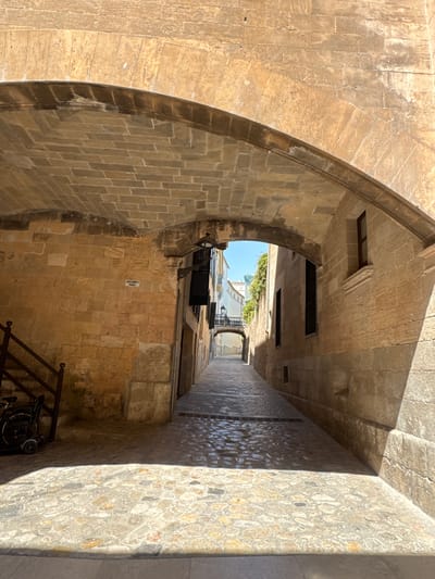 The image shows a stone archway in Palma de Mallorca, Spain, leading into a narrow cobblestone street. The architecture is historic, with rough-hewn stone walls and a vaulted ceiling in the archway. Sunlight casts strong shadows on the street, highlighting the textures of the cobblestones. To the left, a metal railing leads up a few steps, and a folded mobility scooter is parked at the bottom. On the wall to the left, a small white sign reads "APARCAMIENTO PRIVADO," indicating a private parking area. The street recedes into the distance, with buildings visible on either side. In the background, another stone archway can be seen, framing a bright sky and some greenery. The overall scene conveys a sense of timelessness and the charm of old European cityscapes.