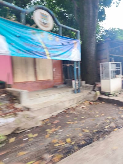 The image shows a street scene in Lembang, Indonesia, located at latitude -6.828 and longitude 107.607. A large tree with green leaves stands on the left side of the frame, its trunk positioned near the edge of a concrete walkway. A blue banner hangs above a doorway to the right of the tree. The banner is obscured, but the letters "PUS" are visible. The doorway leads to a building with a pink wall and wooden doors. Concrete steps lead up to the doorway, and a metal ladder leans against the building. There is a small white cabinet and a dark object near the base of the tree. Scattered leaves cover the walkway, which leads to the foreground, where the image becomes blurred.