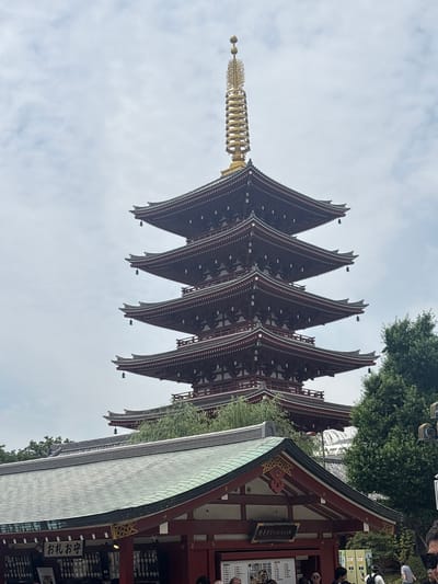The image shows the five-story Senso-ji pagoda in Taito, Japan, set against a cloudy sky. The pagoda is a deep reddish-brown with dark gray tiled roofs and intricate gold detailing on its pinnacle. Small bells hang from the eaves of each roof. In the foreground, the green tiled roof of a smaller building is visible, with red pillars and trim. A sign with Japanese characters is mounted on this building. Trees with lush green foliage flank the right side of the pagoda. Several people are present in the lower right portion of the image, some of whom appear to be tourists. The overall scene depicts a traditional temple complex.