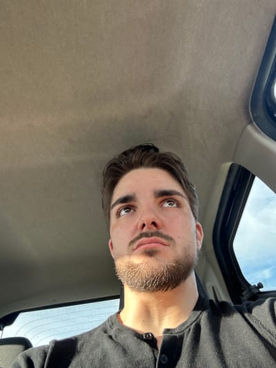 A low-angle indoor shot shows a man with brown hair and a trimmed beard, gazing upward. He's wearing a black button-down shirt. Above him is a car sunroof revealing a patch of blue sky. The interior is a neutral grey color. There is no verifiable information to place this image in Volketswil, Switzerland.